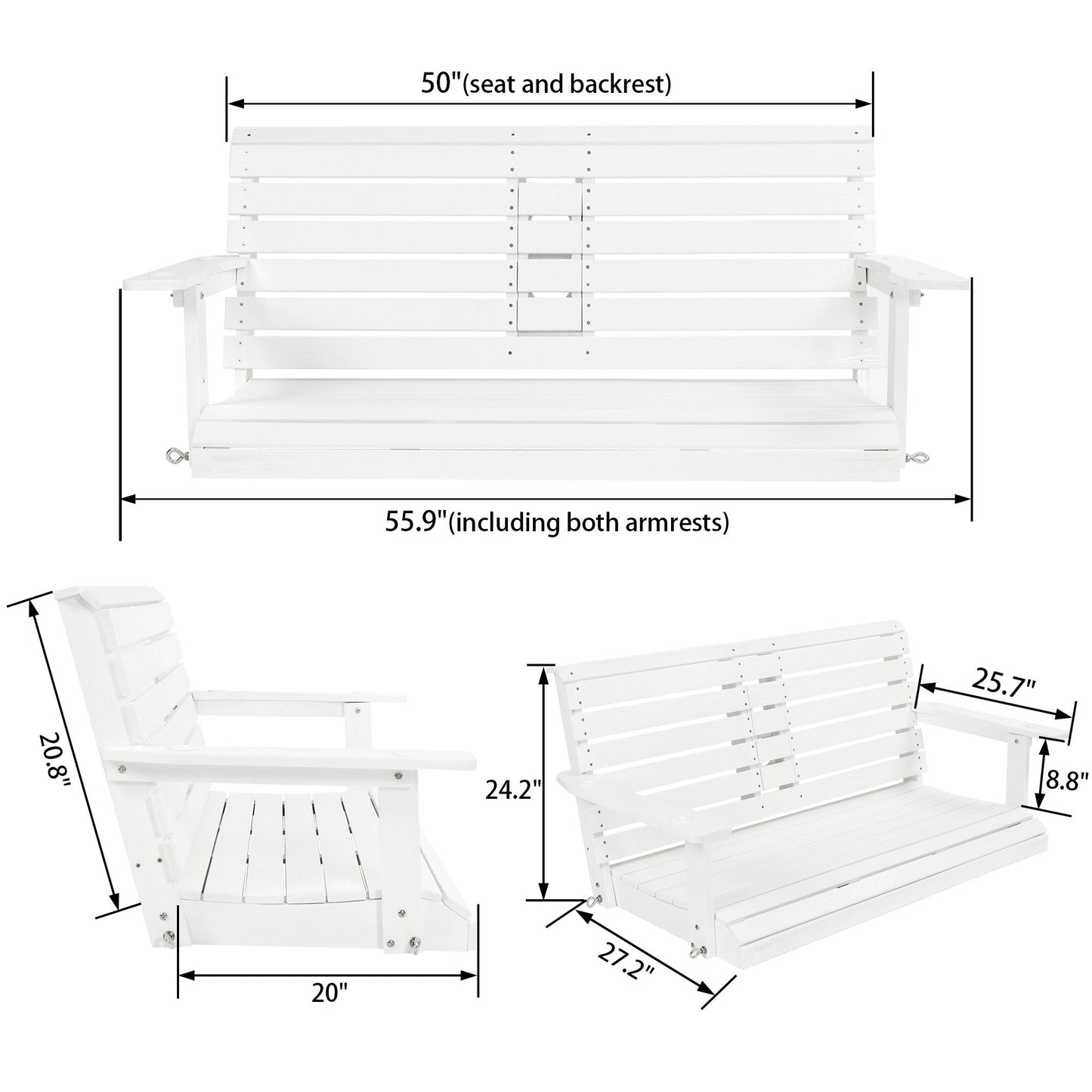Poly Lumber 2-Seat Porch Swing, HIPS 4.5-Feet Bench Swing with Foldable Cup Holders,18/8 Stainless Steel Hardware, High Backrest and Deep Contoured Seat (Snow White, 4.5-feet)