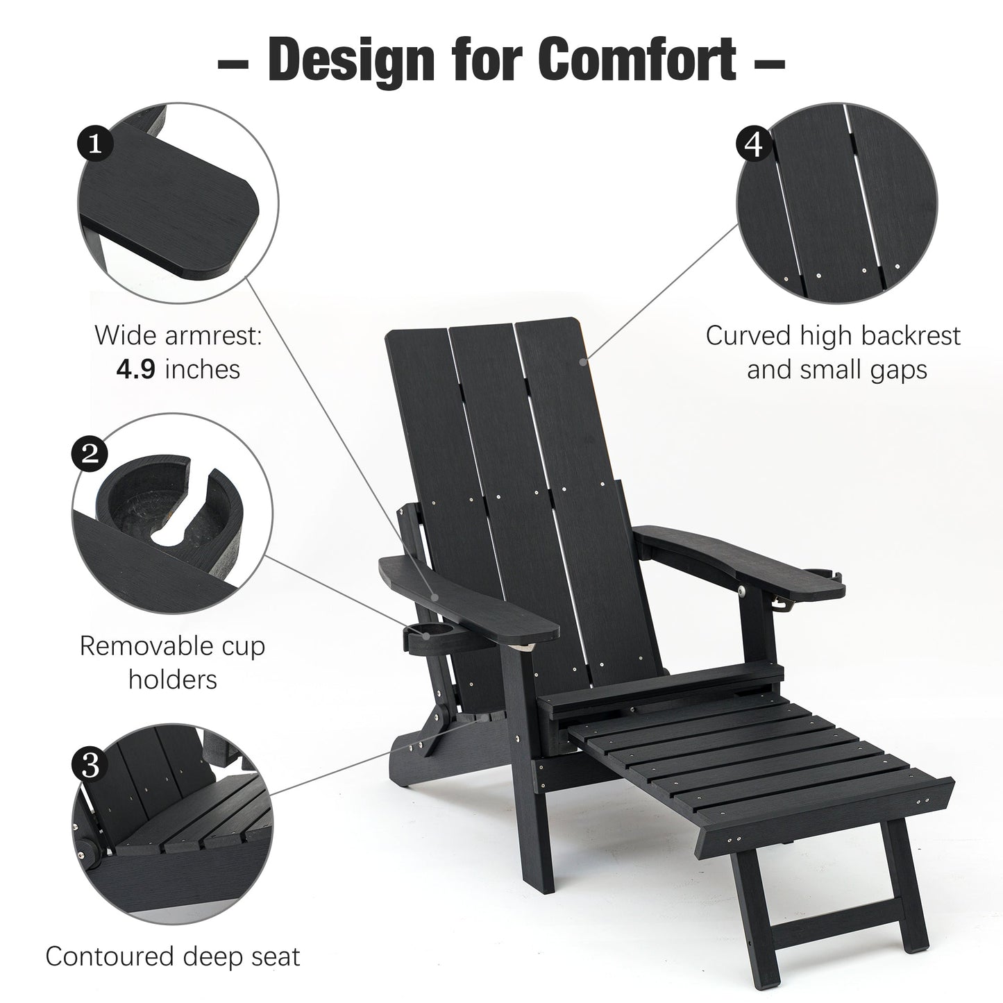 Poly Lumber Adirondack Chair with Cup Holders, Ottoman and Cushion, Adjustable Backrest, All-Weather Resistant HIPS Material, Wood-Like Pattern, Heavy Duty 700 LBS (Iron Black)