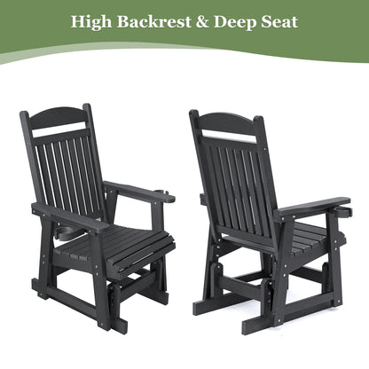 Poly Lumber Patio Glider for One Person, with Cup Holders, High Backrest and Deep Contoured Seat, HIPS Material, All-Weather Resistant, Heavy Duty 700 LBS (Matte Black)