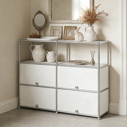 Fortune Candy 4-Door Modular Metal Sideboard with Open Shelf, Modern Twin-Row Grid Cabinet for Dining or Living Room, Office, White