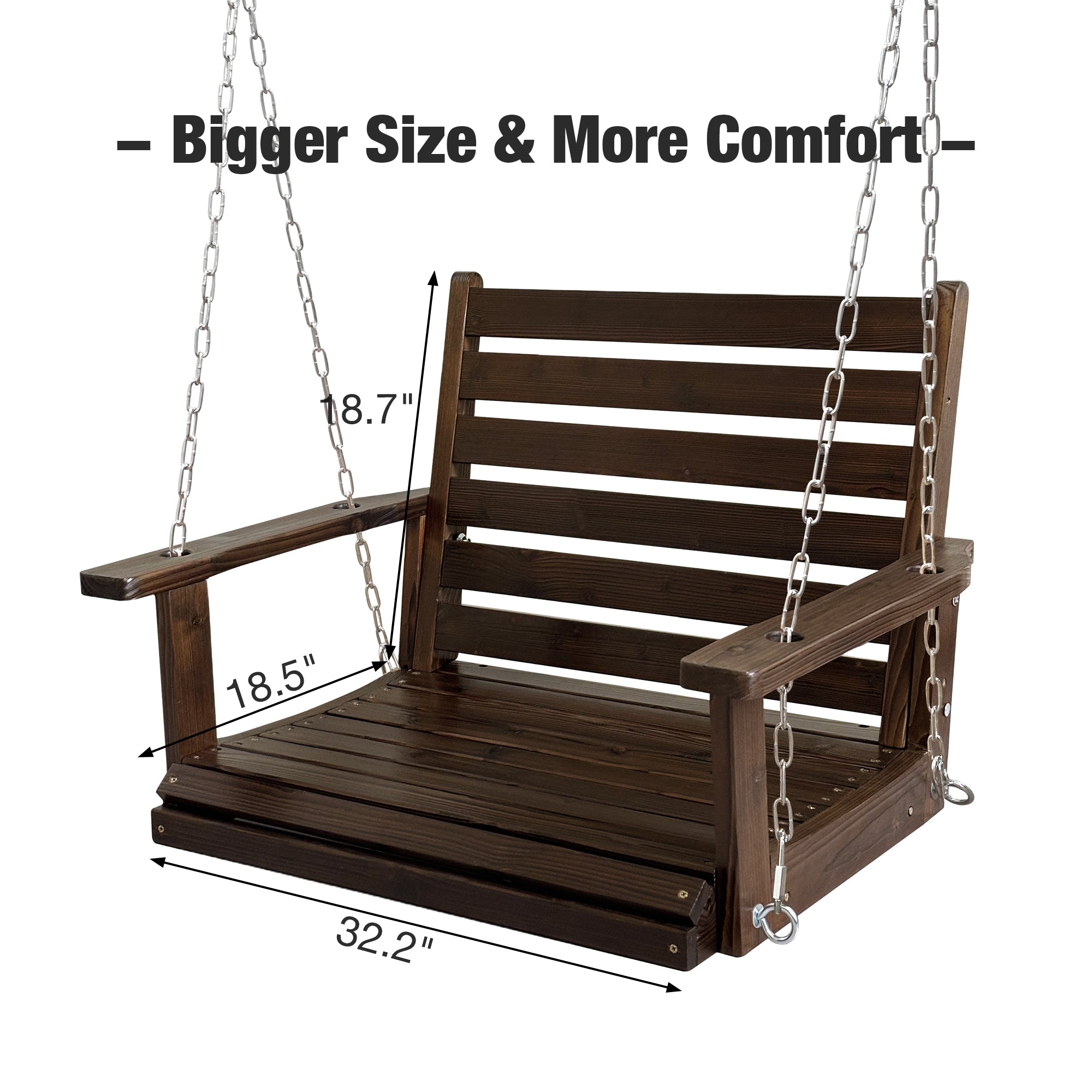 Fortune Candy Wooden Porch Swing 1-Seater, Ergonomic Seat, Bench Swing with Hanging Chains, for Outdoor Patio Garden Yard (Deep Brown)