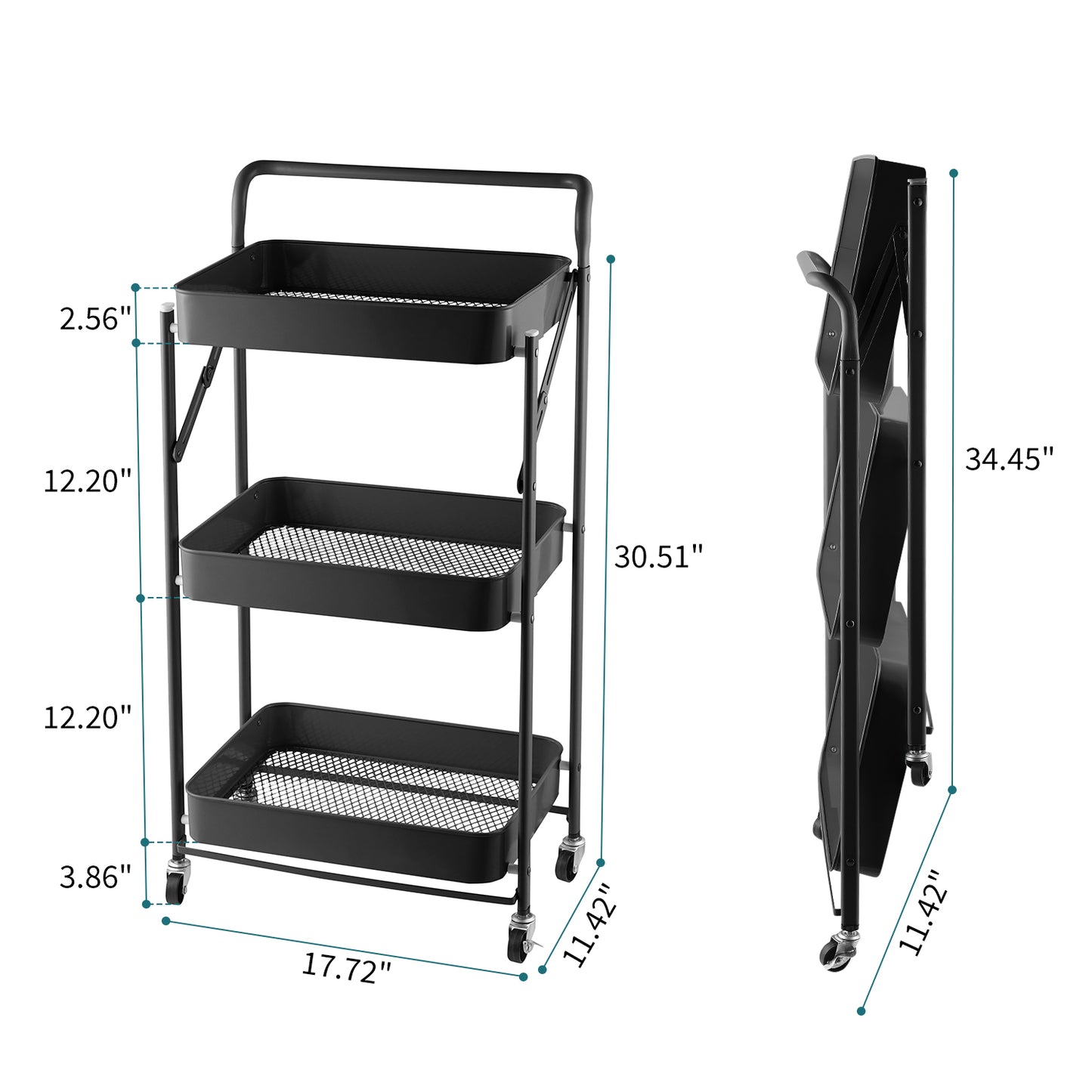 Fortune Candy Foldable 3-Tier Rolling Utility Cart, No-Assembly Multipurpose Storage Organizer with Handle for Home or Office, Black