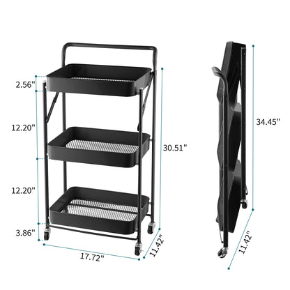 Fortune Candy Foldable 3-Tier Rolling Utility Cart, No-Assembly Multipurpose Storage Organizer with Handle for Home or Office, Black