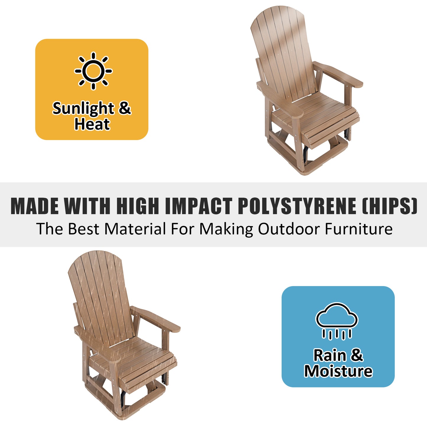 Fortune Candy 1-Person Outdoor Swivel Glider Chair with 360° Rotation, All-Weather HIPS Chair for Porch or Balcony, Teak Tone