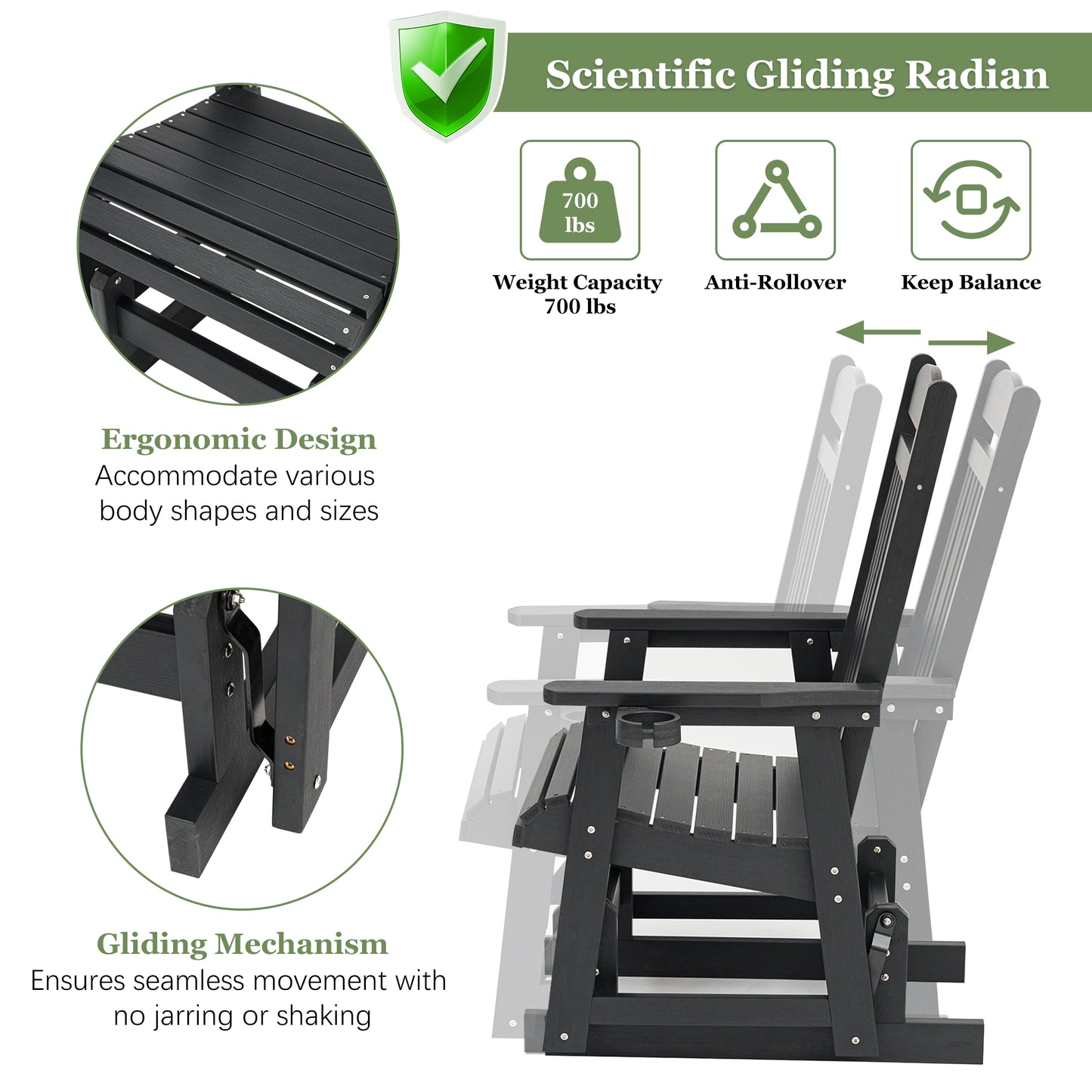 Fortune Candy 1-Person Poly Lumber Patio Glider, with Cup Holders, High Backrest and Deep Contoured Seat, HIPS Material (Matte Black)