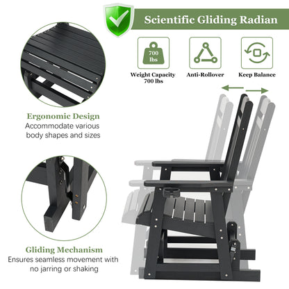 Fortune Candy 1-Person Poly Lumber Patio Glider, with Cup Holders, High Backrest and Deep Contoured Seat, HIPS Material (Matte Black)