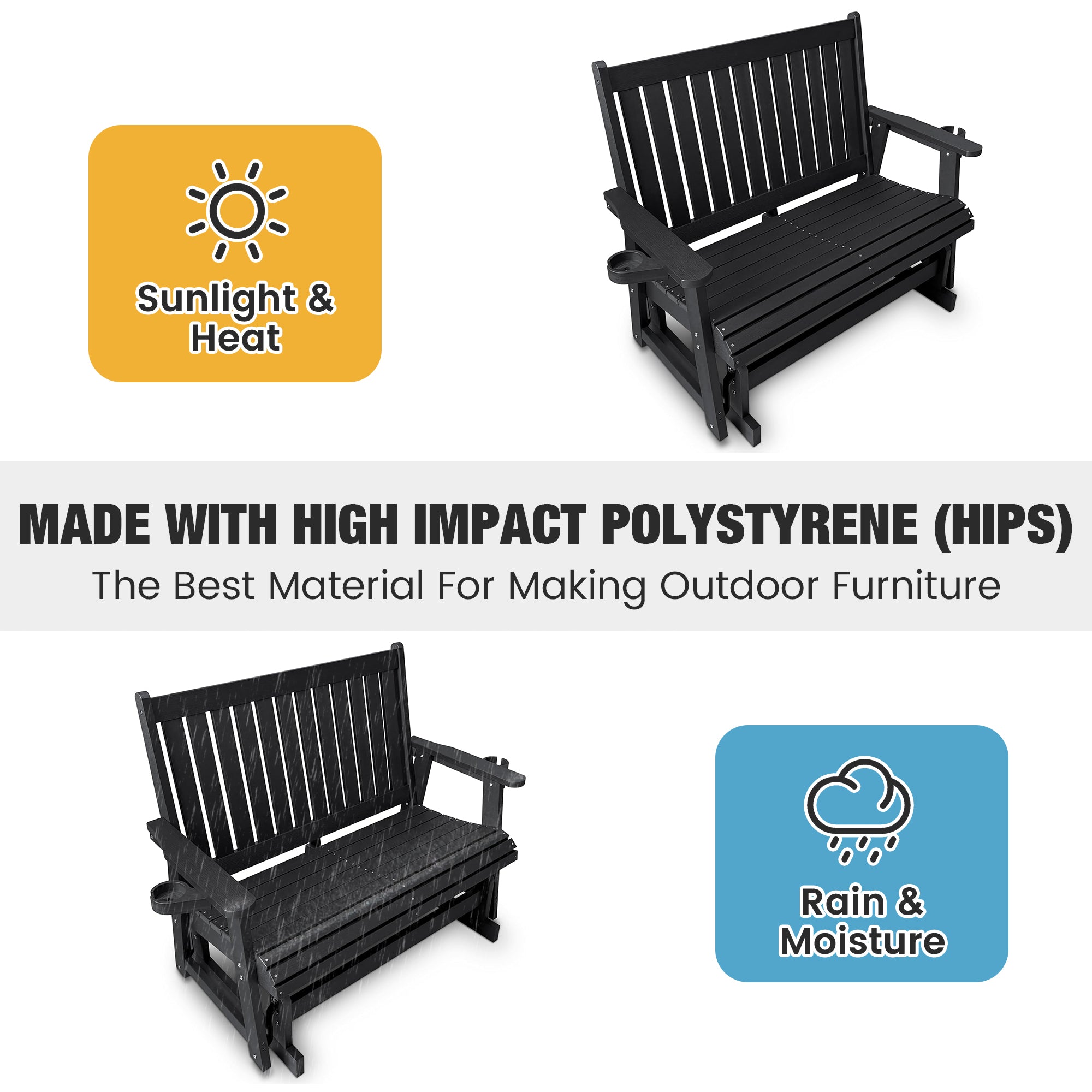 Fortune Candy Poly Lumber Patio Glider  2 Seater with Ergonomic Deep Seat, High Backrest, Cup Holders, for Outdoor Garden, Yard, or Deck