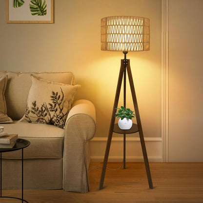 Fortune Candy 59'' Tall Boho Tripod Floor Lamp with Shelves, Mid-Century Modern Wood Standing Lamp with Rattan and Fabric Shades for Home