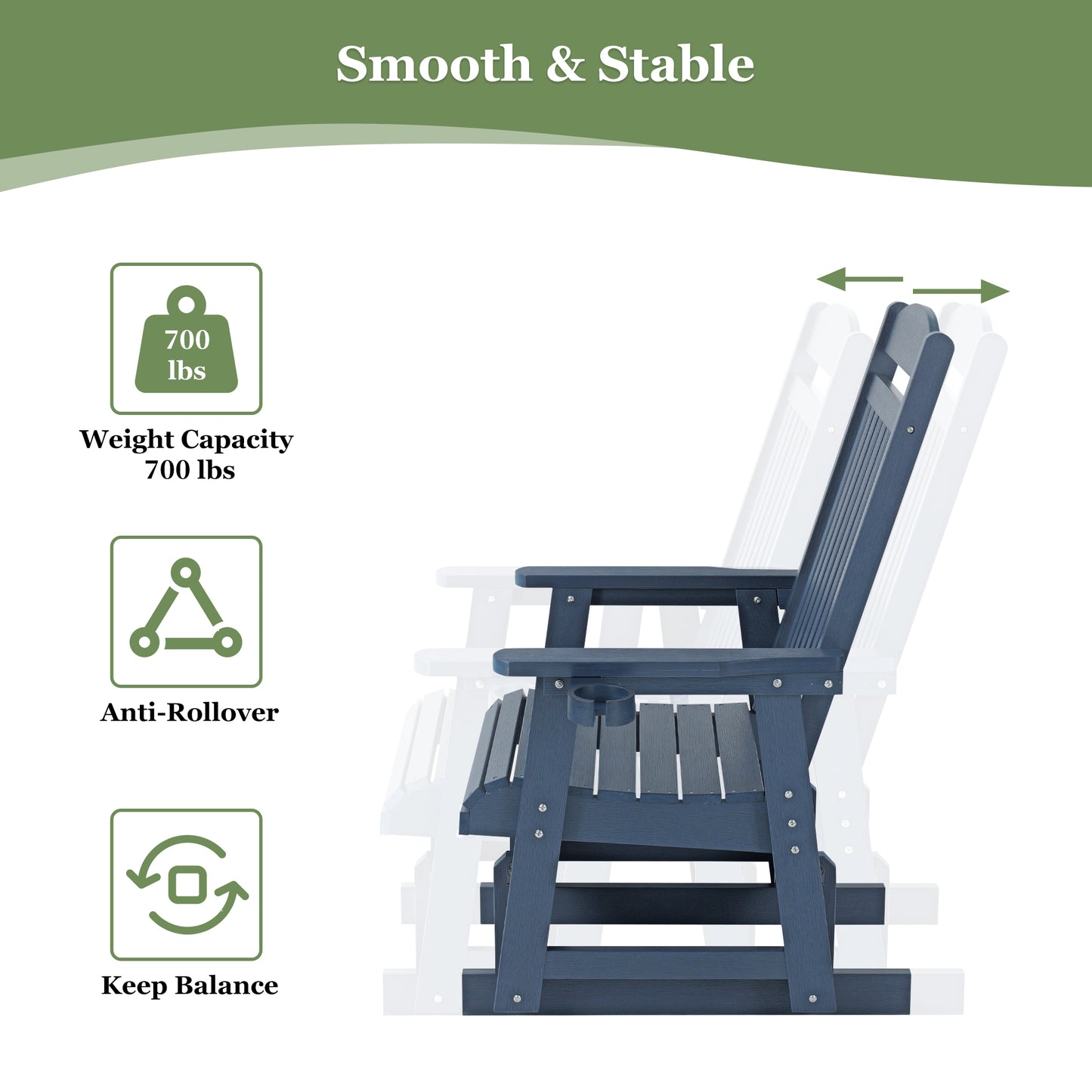 Fortune Candy 1 Person Poly Lumber Patio Glider, with Cup Holders, High Backrest and Deep Contoured Seat, HIPS Material (Navy Blue)