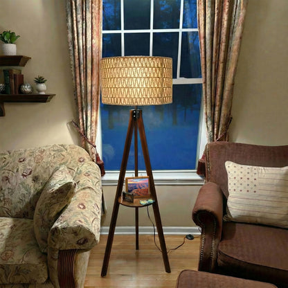 Fortune Candy 59'' Tall Boho Tripod Floor Lamp, Mid-Century Modern Wood Standing Lamp with Rattan and Fabric Shades for Home, 1 Pallet - Foot Switch