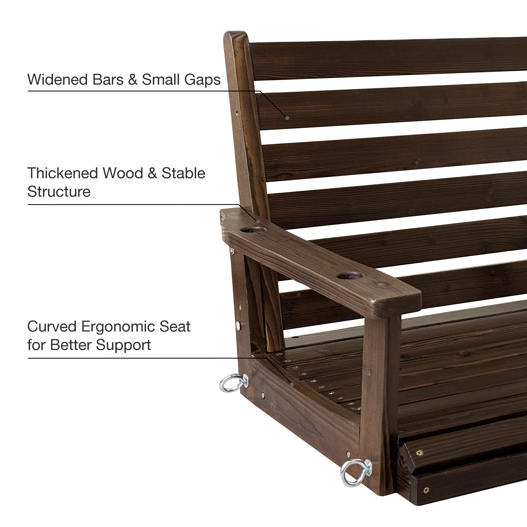 Fortune Candy Wooden Porch Swing 1-Seater, Ergonomic Seat, Bench Swing with Hanging Chains, for Outdoor Patio Garden Yard (Deep Brown)