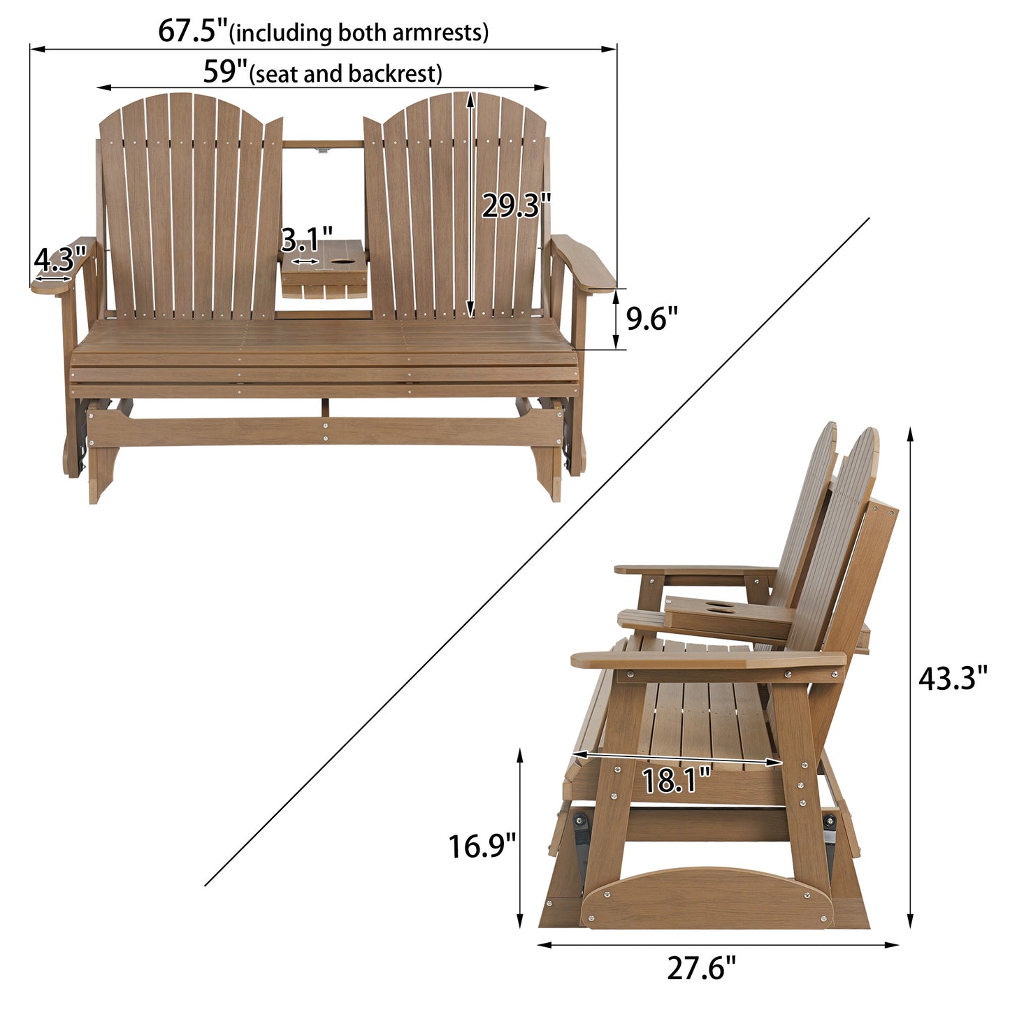 Fortune Candy 67.5 in Poly Lumber Plastic Patio Glider with Cup Holders, Brown, High Backrest and 900 lbs Weight Capacity, 3-Person