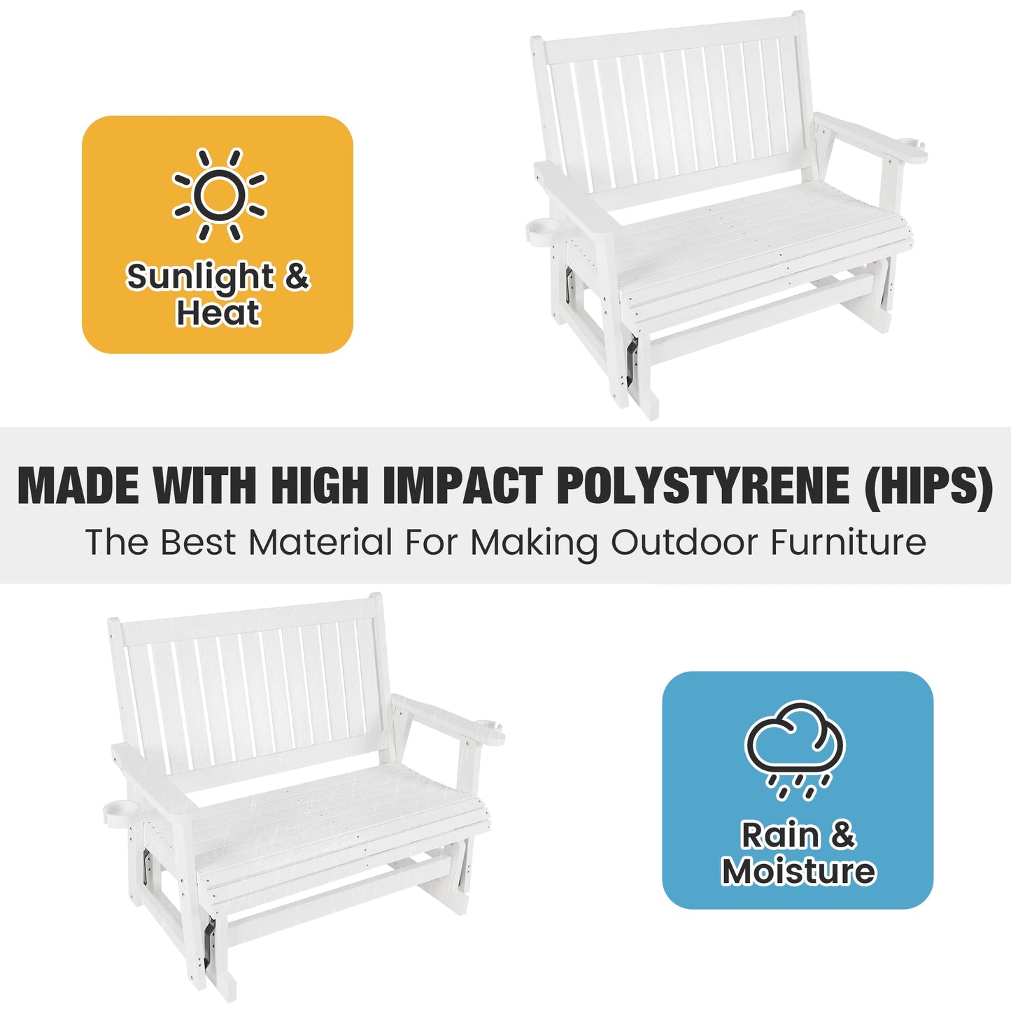 HIPS Patio Glider with Cup Holders, Durable Poly Lumber Material, All-Weather Resistant, High Backrest and Deep Contoured Seat, Heavy Duty 900 LB, for Outdoor, Porch, Patio (White, 2-Seat)