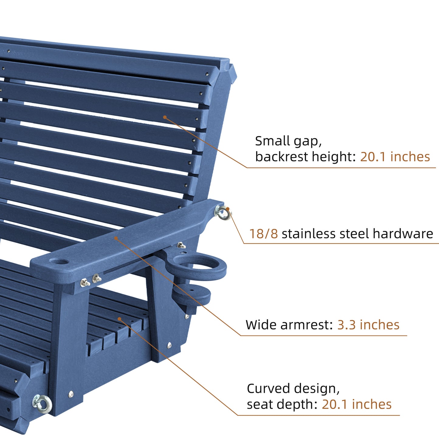 Fortune Candy 47.6 in. HDPE Porch Swing with Hanging Chains, Weather-Resistant Outdoor Swing for Patio, Garden, Yard (Navy Blue)