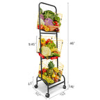 Fortune Candy 3-Tier Metal Rolling Storage Basket Cart, Black Gold Utility Organizer with Wheels for Books, Toys, Food, Vegetables, and More