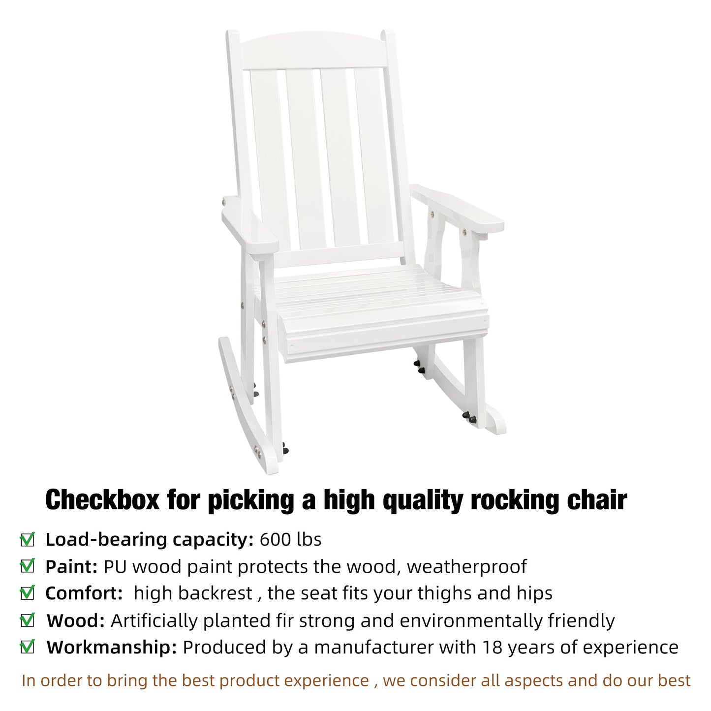 Wooden Patio Rocking Chair with Comfortable Backrest Inclination, High Backrest and Deep Contoured Seat, Solid Fir Wood, Heavy Duty 600 LBS, for Both Outdoor and Indoor (White - 3 Pieces)
