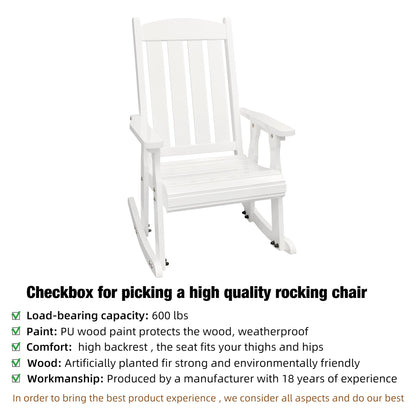 Wooden Patio Rocking Chair with Comfortable Backrest Inclination, High Backrest and Deep Contoured Seat, Solid Fir Wood, Heavy Duty 600 LBS, for Both Outdoor and Indoor (White - 3 Pieces)