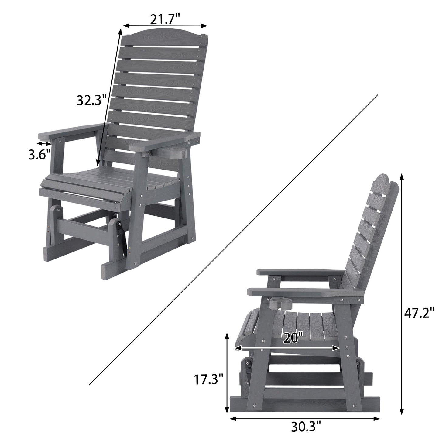 Poly Lumber Patio Glider for One Person, with Cup Holders, High Backrest and Deep Contoured Seat, HIPS Material, All-Weather Resistant, Heavy Duty 700 Pounds (Classic Gray)