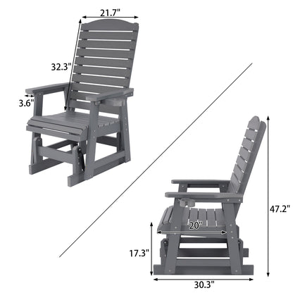 Poly Lumber Patio Glider for One Person, with Cup Holders, High Backrest and Deep Contoured Seat, HIPS Material, All-Weather Resistant, Heavy Duty 700 Pounds (Classic Gray)
