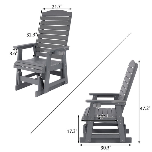 Poly Lumber Patio Glider for One Person, with Cup Holders, High Backrest and Deep Contoured Seat, HIPS Material, All-Weather Resistant, Heavy Duty 700 Pounds (Classic Gray)