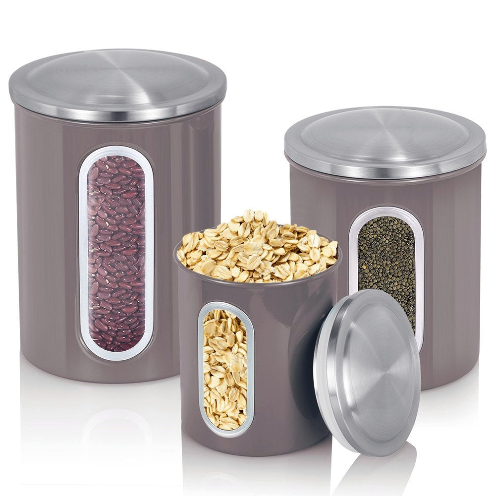 Fortune Candy 3 PCS Stainless Steel Canister Set with Anti-Fingerprint Lids & Visible Windows, Multipurpose Food Storage for Kitchen or Travel (Brown)