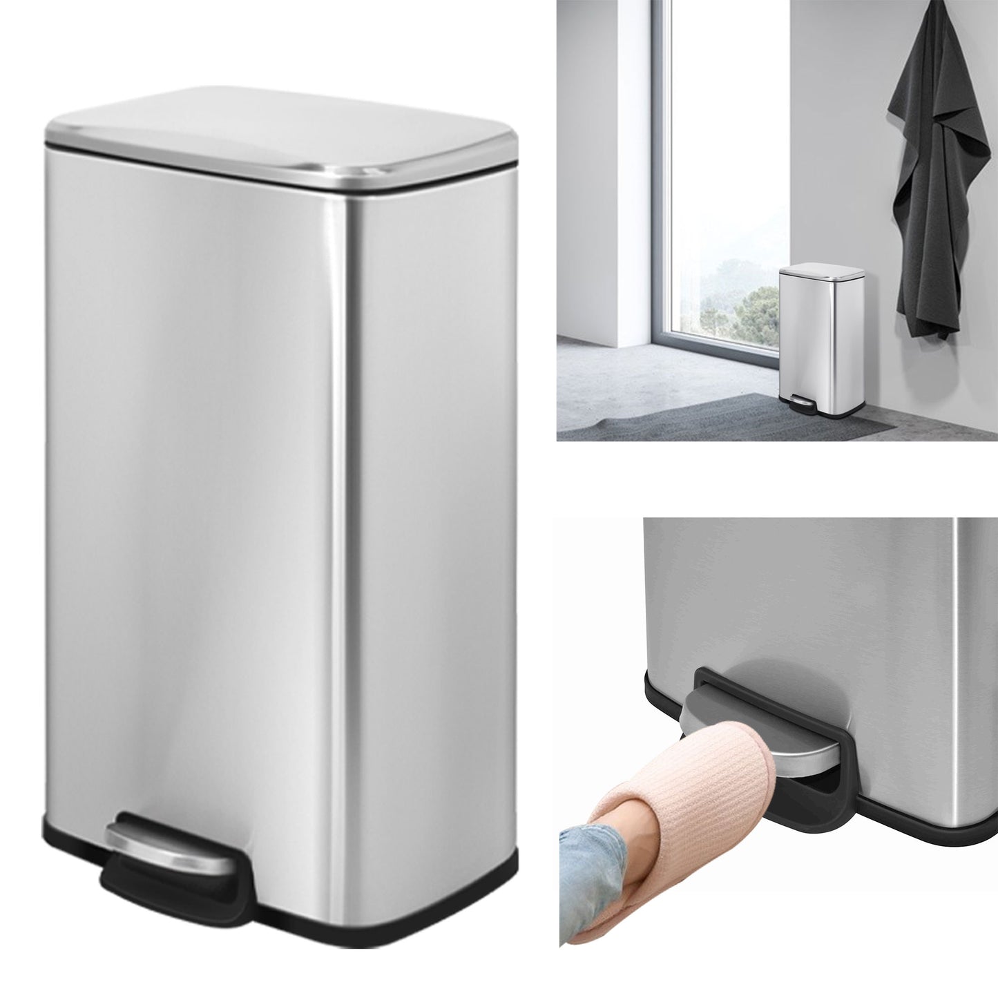 Innovaze 8 Gallon / 30 Liter Stainless Steel Step-On Trash Can, Rectangular Shape, Sliver Finish, Ideal for Home or Office