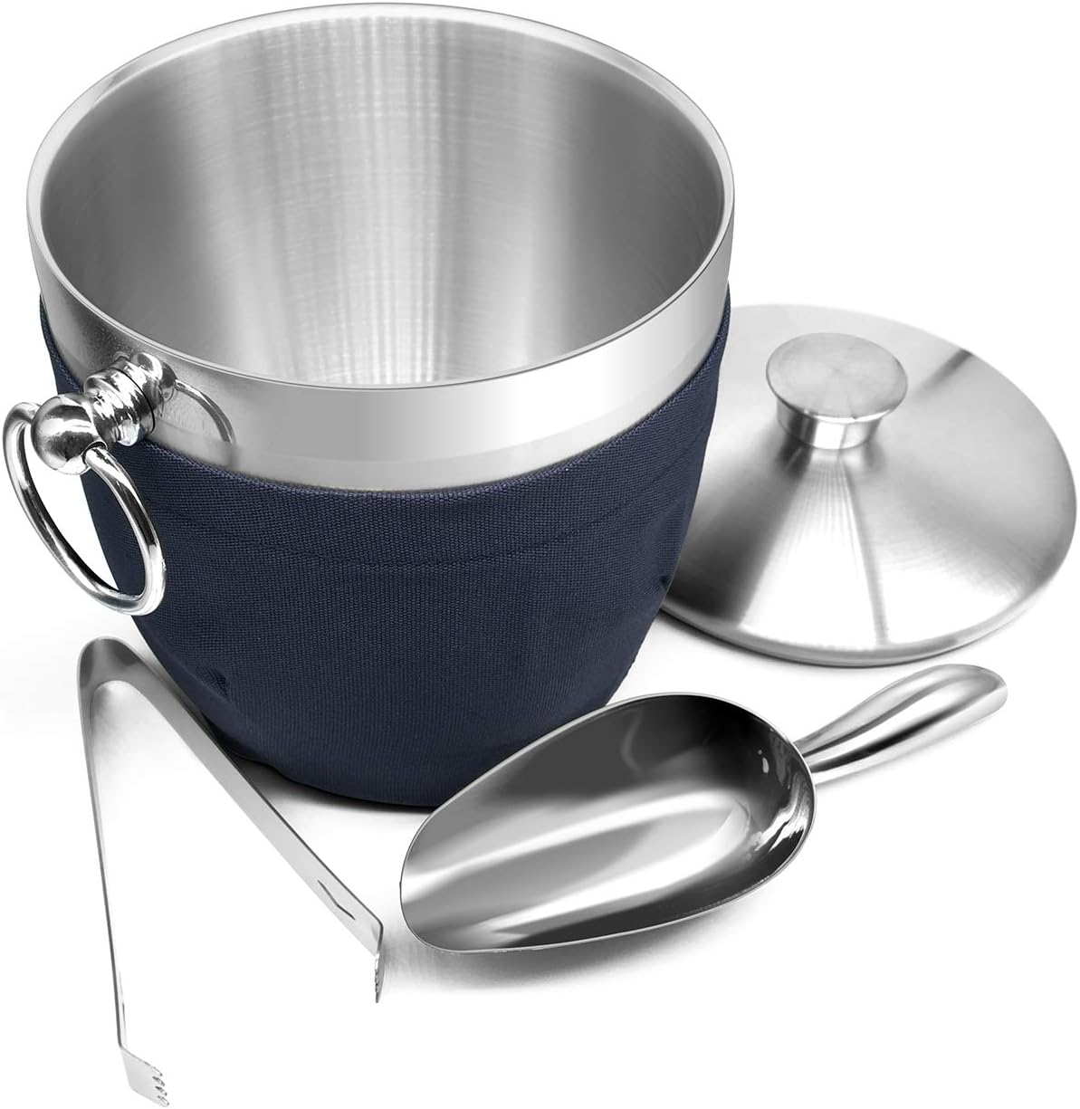 Fortune Candy 2.8 L Double Wall Stainless Steel Ice Bucket, with Tongs, Scoop and Holder, Navy Blue