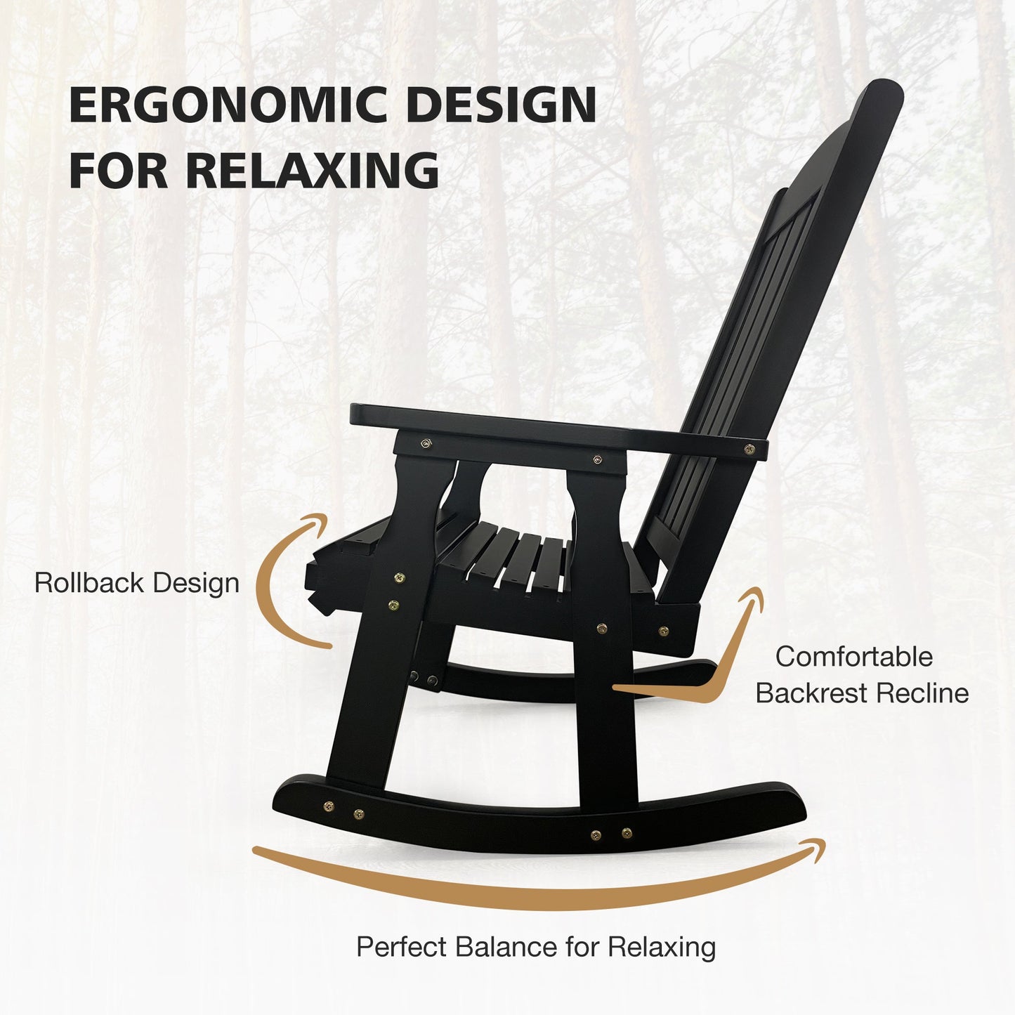 Fortune Candy Wooden Patio Rocking Chair with Comfortable Backrest Inclination, High Backrest and Deep Contoured Seat, Solid Fir Wood, Heavy Duty 600 LBS (Black, 2 Pieces)