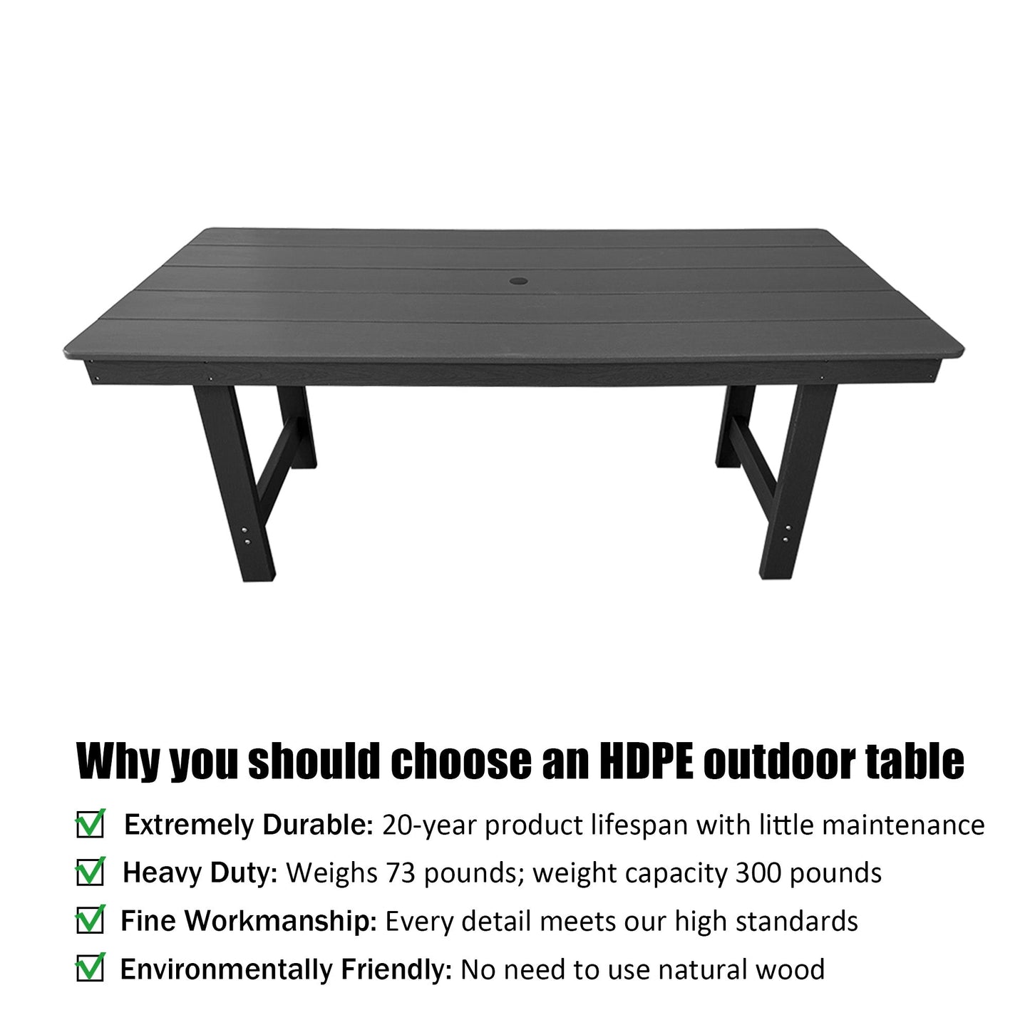 HDPE Patio Dining Table, with Umbrella Hole, Weather Resistant, for Outdoor, Garden, Yard (1 Piece - 70.7'' Table)