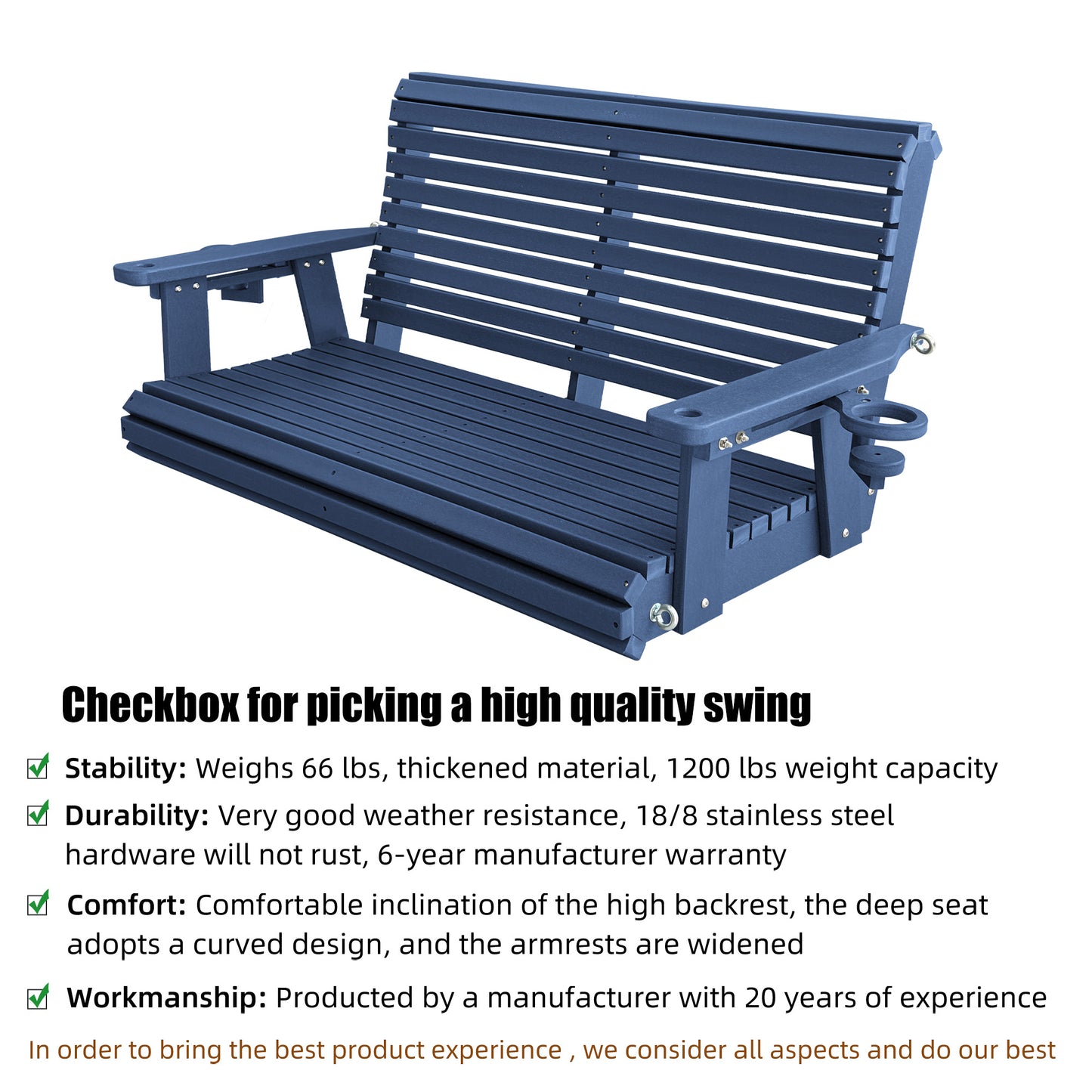 Fortune Candy 47.6 in. HDPE Porch Swing with Hanging Chains, Weather-Resistant Outdoor Swing for Patio, Garden, Yard (Navy Blue)