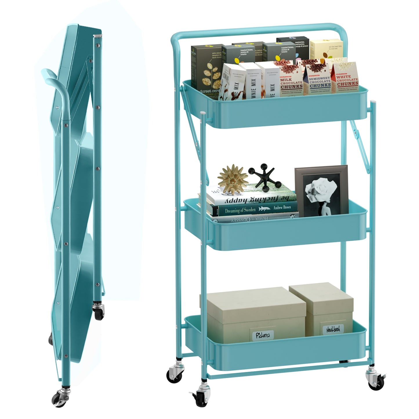 Fortune Candy Foldable 3-Tier Rolling Utility Cart, No-Assembly Multipurpose Storage Organizer with Handle for Home or Office, Green