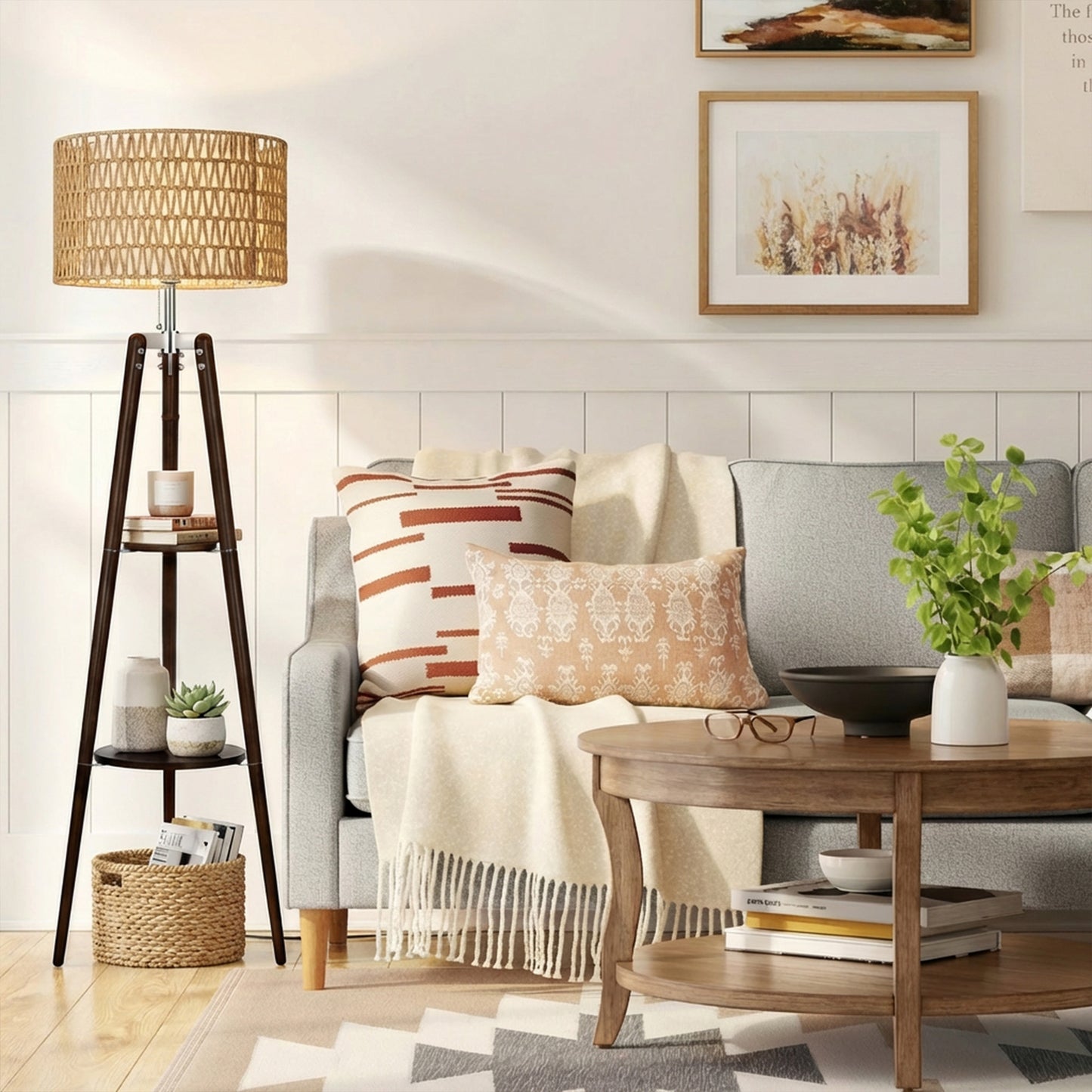 Fortune Candy 61'' Tall Boho Tripod Floor Lamp with Shelves, Mid-Century Modern Wood Standing Lamp with Rattan and Fabric Shades for Home, 2 Pallet
