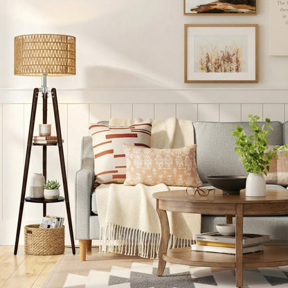 Fortune Candy 61'' Tall Boho Tripod Floor Lamp with Shelves, Mid-Century Modern Wood Standing Lamp with Rattan and Fabric Shades for Home, 2 Pallet