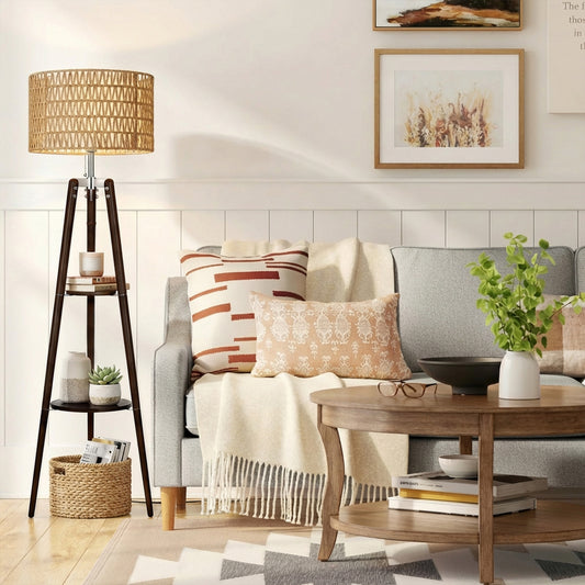Fortune Candy 61'' Tall Boho Tripod Floor Lamp with Shelves, Mid-Century Modern Wood Standing Lamp with Rattan and Fabric Shades for Home, 2 Pallet