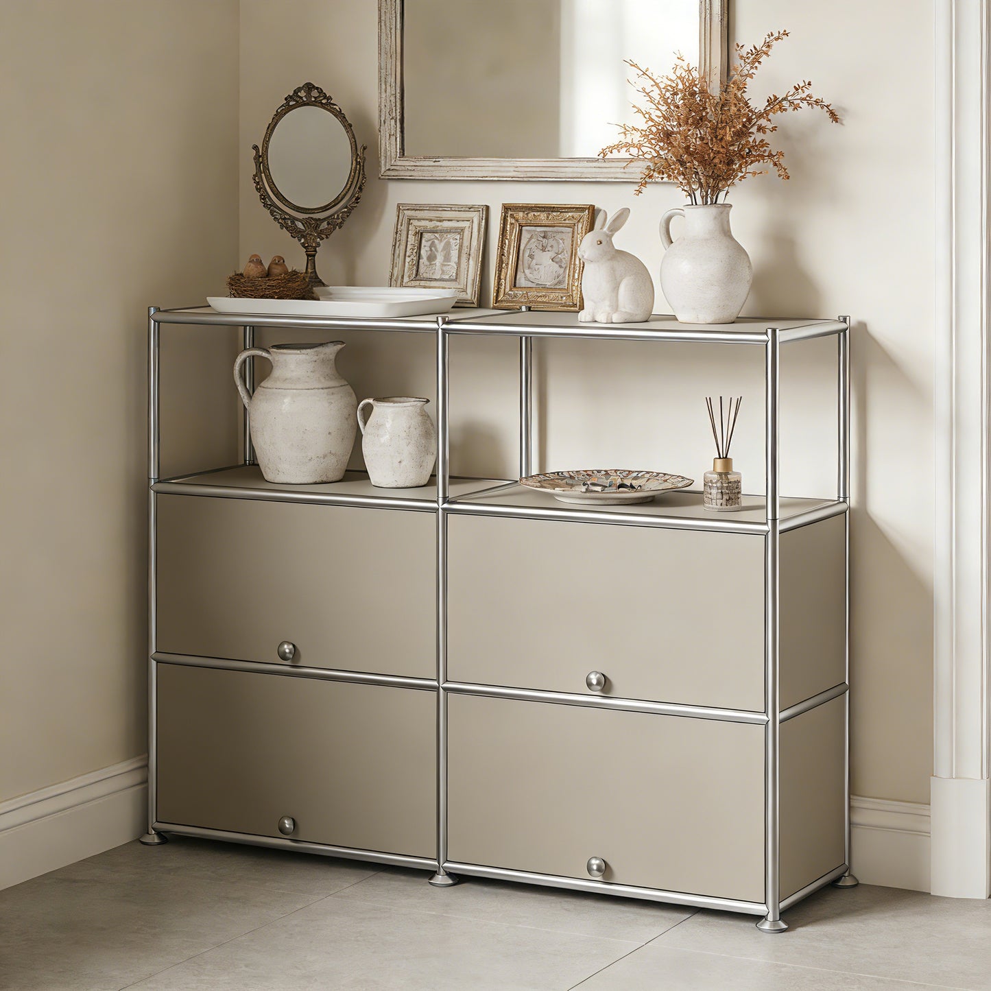 Fortune Candy 4-Door Modular Metal Sideboard with Open Shelf, Modern Twin-Row Grid Cabinet for Dining or Living Room, Office, Light Gray