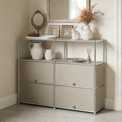 Fortune Candy 4-Door Modular Metal Sideboard with Open Shelf, Modern Twin-Row Grid Cabinet for Dining or Living Room, Office, Light Gray