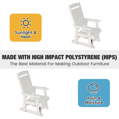 Poly Lumber Patio Glider for One Person, with Cup Holders, High Backrest and Deep Contoured Seat, HIPS Material, All-Weather Resistant, Heavy Duty 700 LBS (Ivory White)
