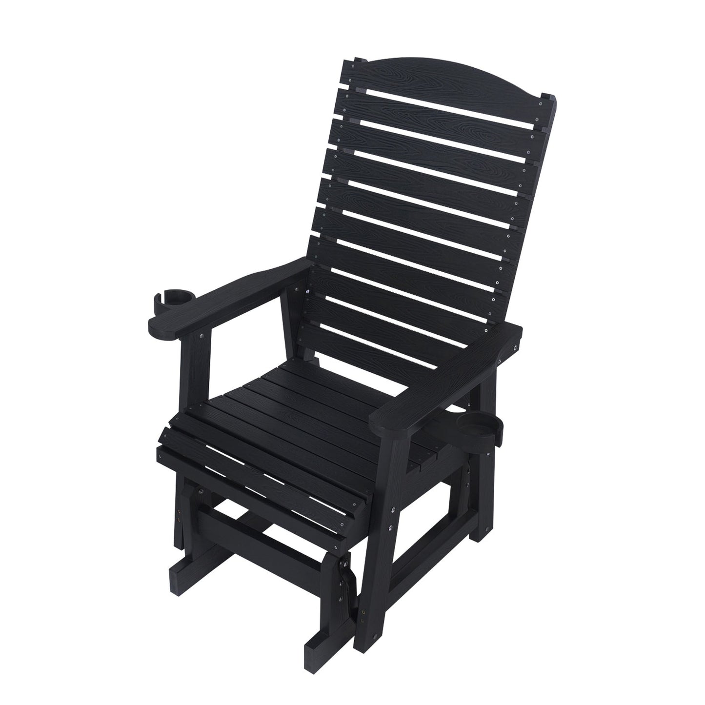 Poly Lumber Patio Glider for One Person, with Cup Holders, High Backrest and Deep Contoured Seat, HIPS Material, All-Weather Resistant, Heavy Duty 700 Pounds (Black)