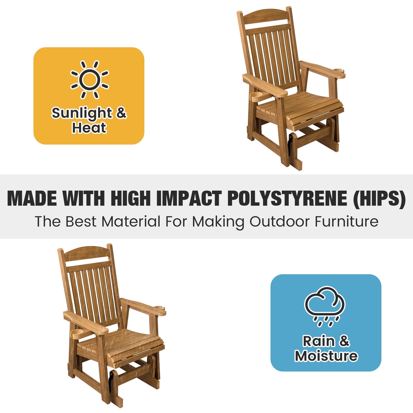 Poly Lumber Patio Glider for One Person, with Cup Holders, High Backrest and Deep Contoured Seat, HIPS Material, All-Weather Resistant, Heavy Duty 700 LBS (Light Brown)