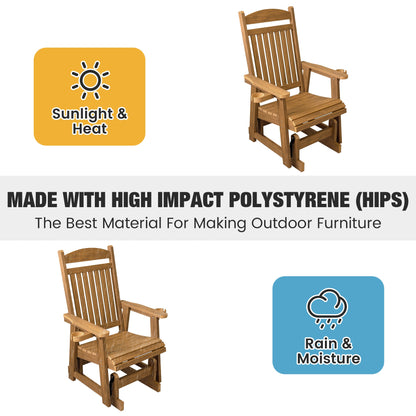 Poly Lumber Patio Glider for One Person, with Cup Holders, High Backrest and Deep Contoured Seat, HIPS Material, All-Weather Resistant, Heavy Duty 700 LBS (Light Brown)