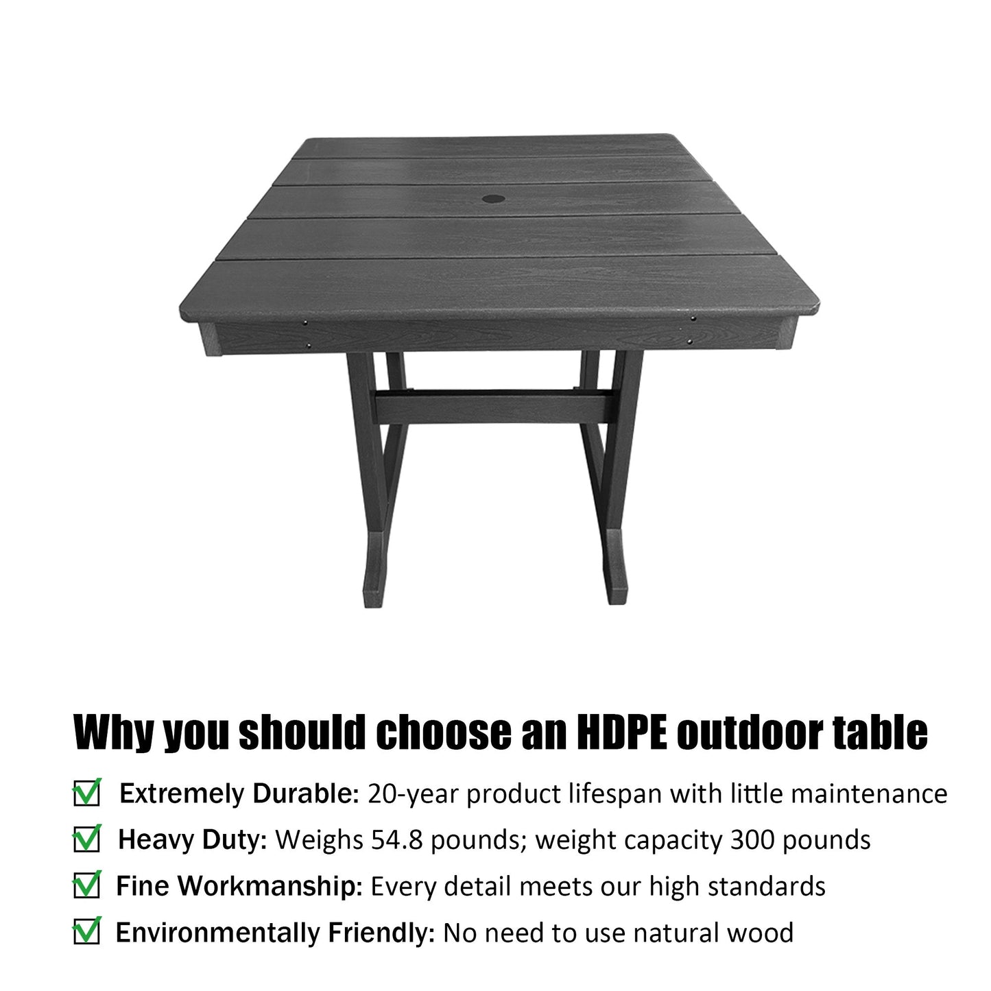 Modern HDPE Patio Dining Table, with Umbrella Hole, Weather Resistant, for Outdoor, Yard, Lawn (Grey, 1 Piece - 35.7'' Table)