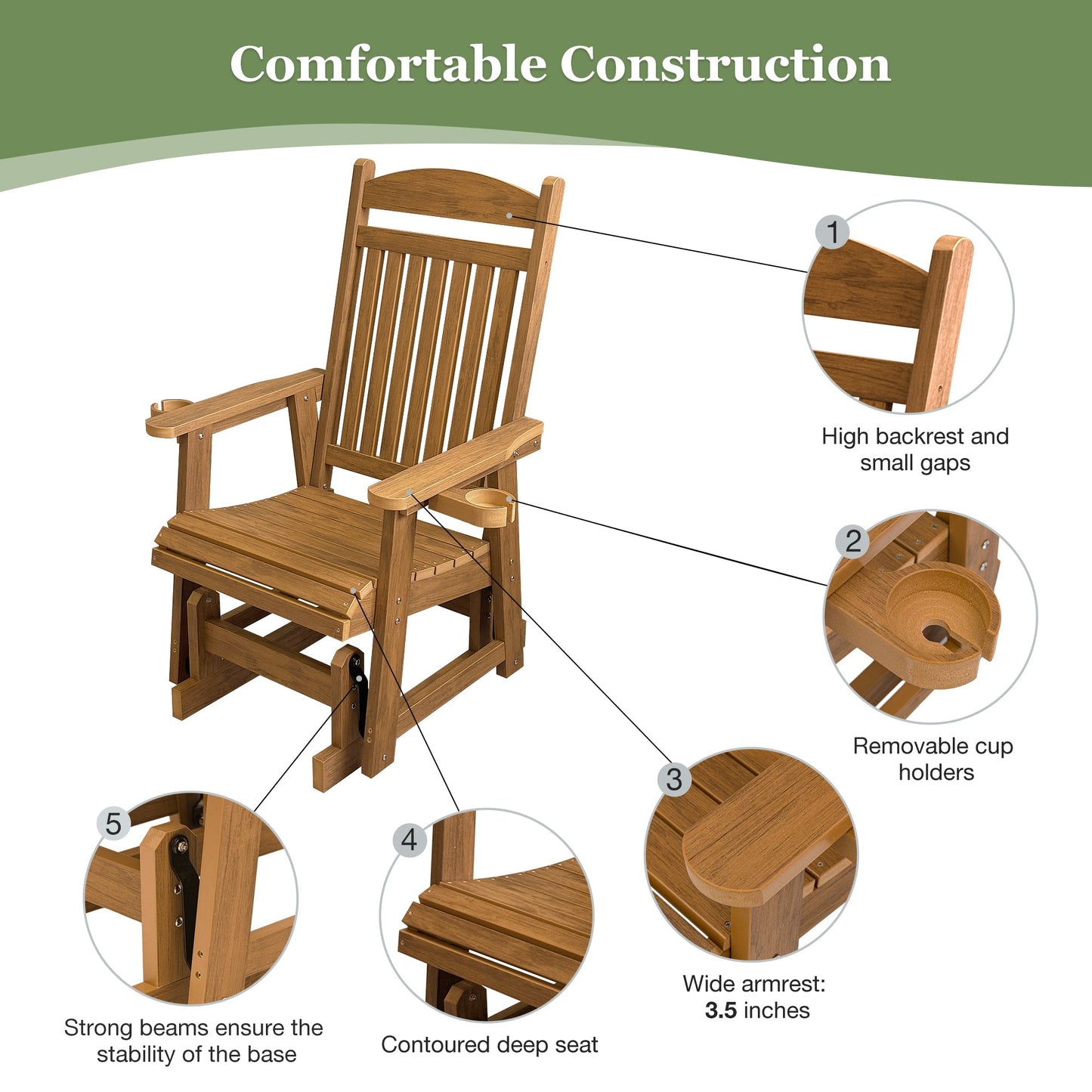 Poly Lumber Patio Glider for One Person, with Cup Holders, High Backrest and Deep Contoured Seat, HIPS Material, All-Weather Resistant, Heavy Duty 700 LBS (Light Brown)