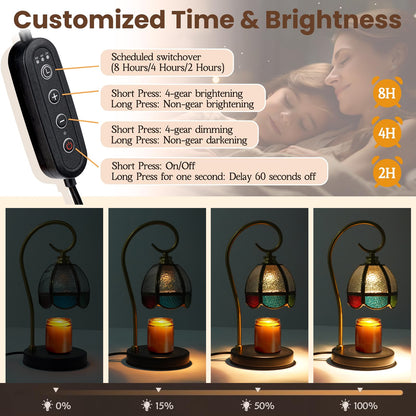 Fortune Candy Flameless Fragrant Candle Melter, Adjustment Knob, Dimmer & Timer, Wooden Base (Vintage-flower Fluted Shade)