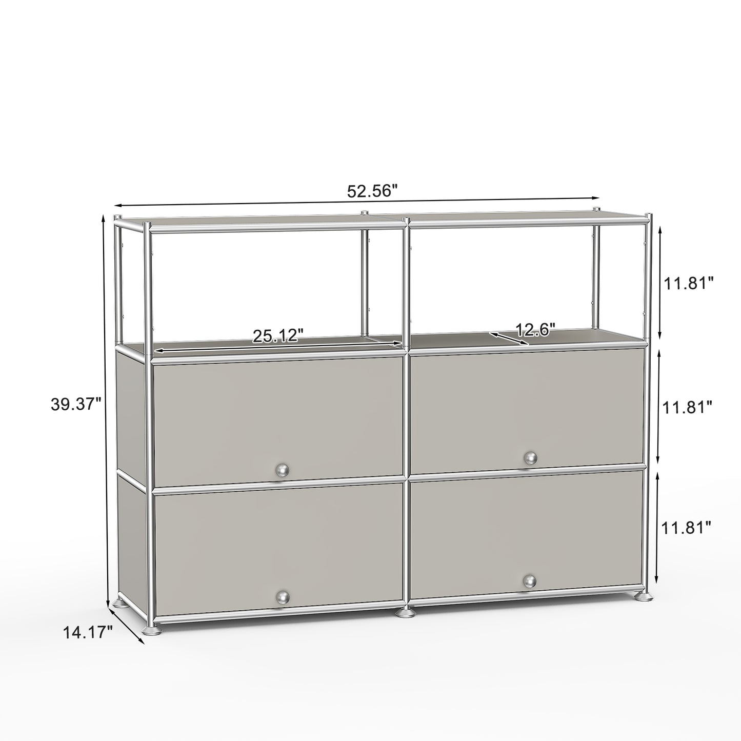 Fortune Candy 4-Door Modular Metal Sideboard with Open Shelf, Modern Twin-Row Grid Cabinet for Dining or Living Room, Office, Light Gray
