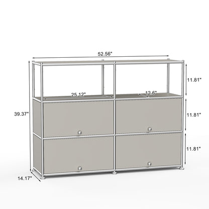 Fortune Candy 4-Door Modular Metal Sideboard with Open Shelf, Modern Twin-Row Grid Cabinet for Dining or Living Room, Office, Light Gray