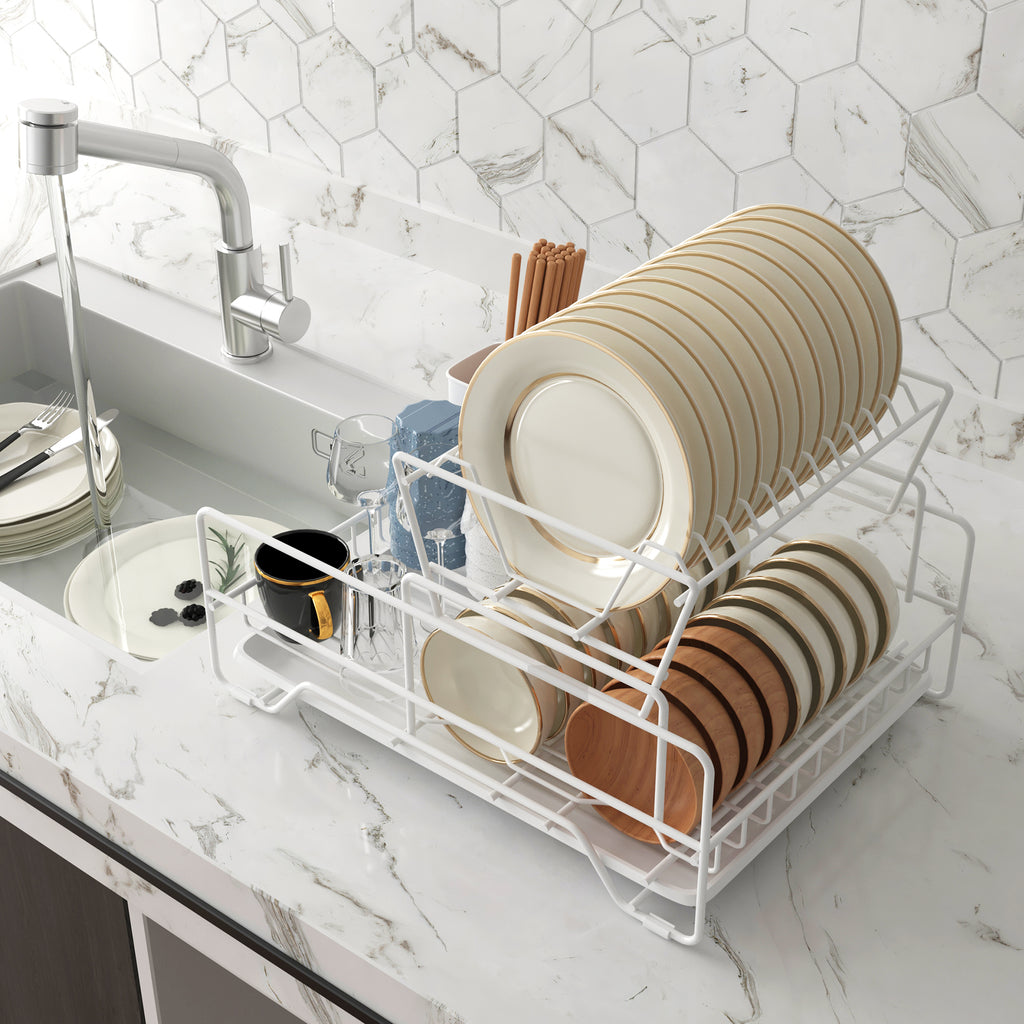 Fortune Candy 7'' Tall Multifunctional 2-Tier Dish Drying Rack For Kitchen(White)