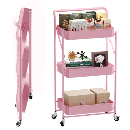 Fortune Candy Foldable 3-Tier Rolling Utility Cart, No-Assembly Multipurpose Storage Organizer with Handle for Home or Office, Pink