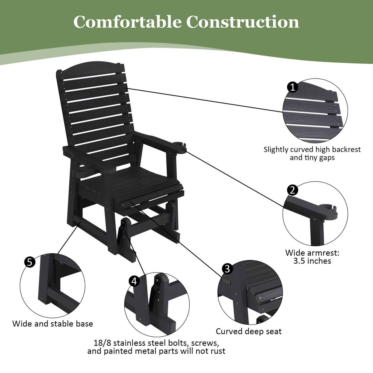 Poly Lumber Patio Glider for One Person, with Cup Holders, High Backrest and Deep Contoured Seat, HIPS Material, All-Weather Resistant, Heavy Duty 700 Pounds (Black)