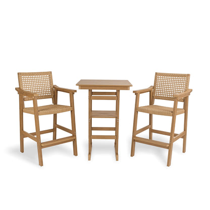 Poly Lumber Patio Bar Set, PE Rattan Outdoor Bar Stools with HIPS Table, Weather Resistant, for Poolside, Garden, Yard, Balcony (Teak Tone, 3 Piece)