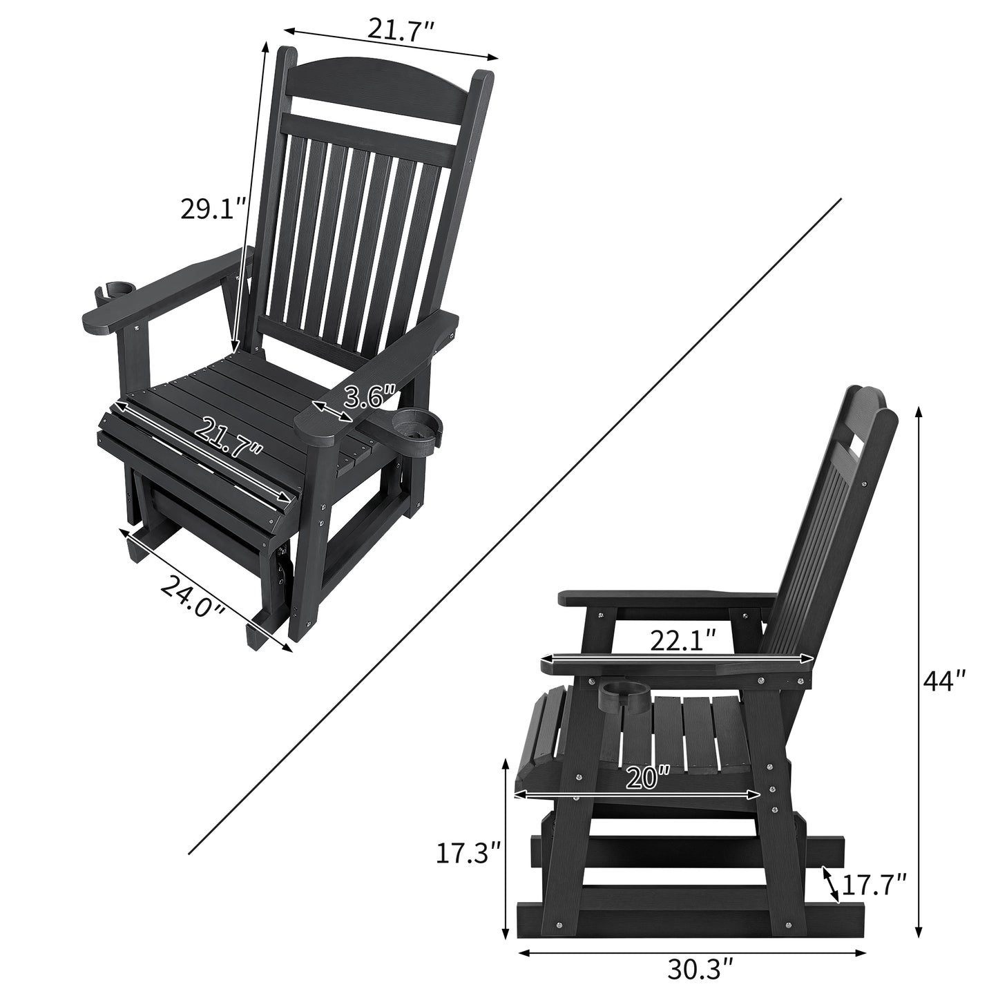 Fortune Candy 1-Person Poly Lumber Patio Glider, with Cup Holders, High Backrest and Deep Contoured Seat, HIPS Material (Matte Black)